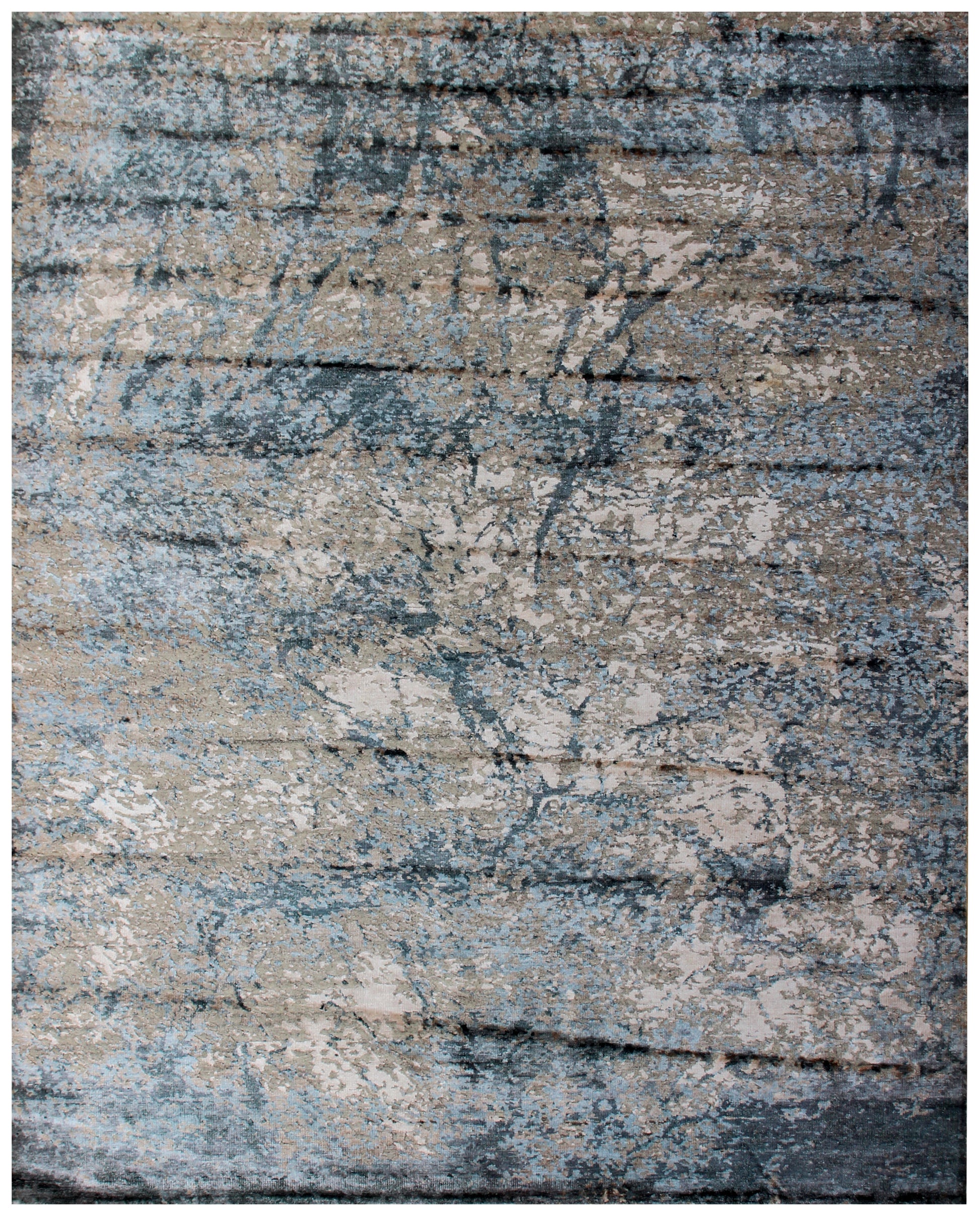 8x10 Hand Knotted Wool Viscose Rug - Grey Beige Modern Abstract Distressed 45 Knots Bhadohi Rugs
