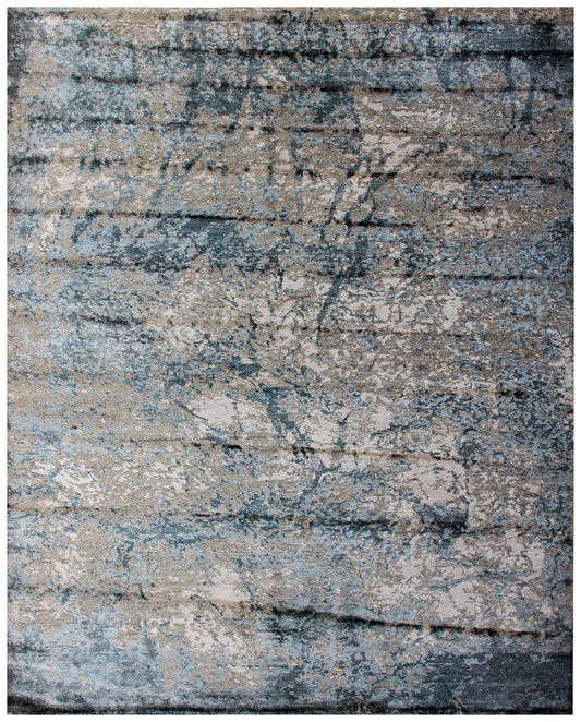 8x10 Hand Knotted Wool Viscose Rug - Grey Beige Modern Abstract Distressed 45 Knots Bhadohi Rugs
