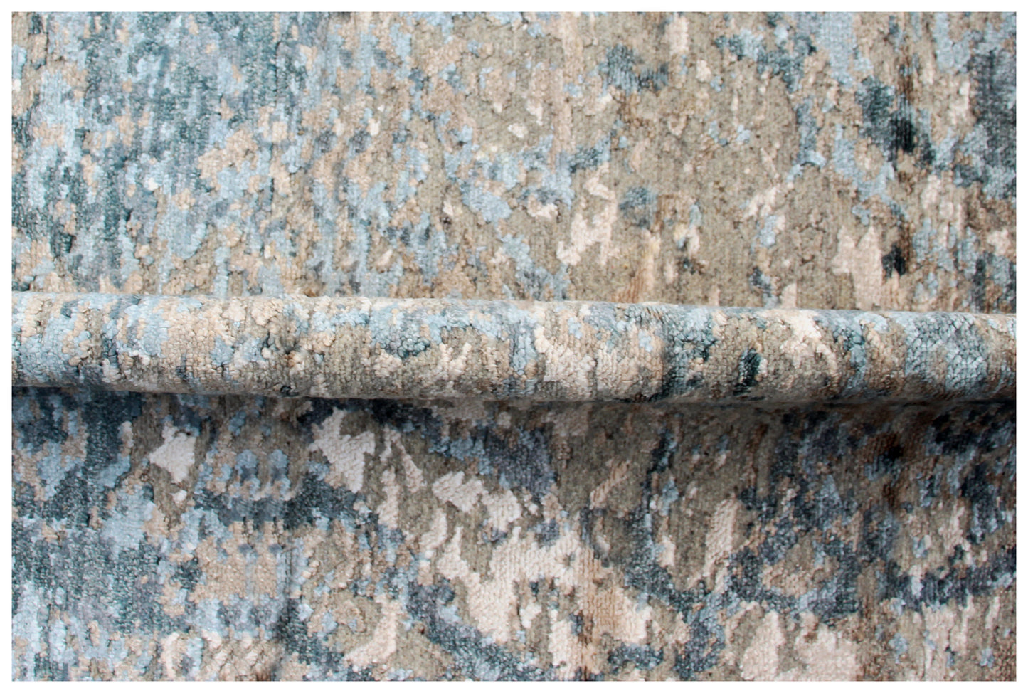 8x10 Hand Knotted Wool Viscose Rug - Grey Beige Modern Abstract Distressed 45 Knots Bhadohi Rugs