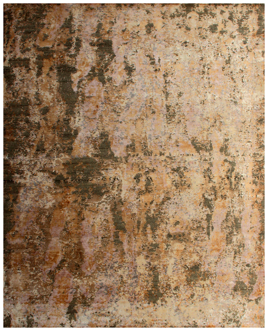 Hand Knotted Vintage Antique Brown Beige Gold 8x10 Wool Viscose Area Rug - Abstract Distressed