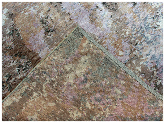 Hand Knotted Vintage Antique Brown Beige Gold 8x10 Wool Viscose Area Rug - Abstract Distressed