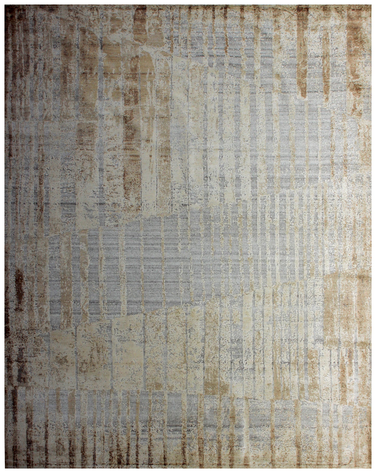 Wool Viscose 8x10 Abstract Distressed Area Rug - Vintage Antique Beige Cream Grey Hand Knotted