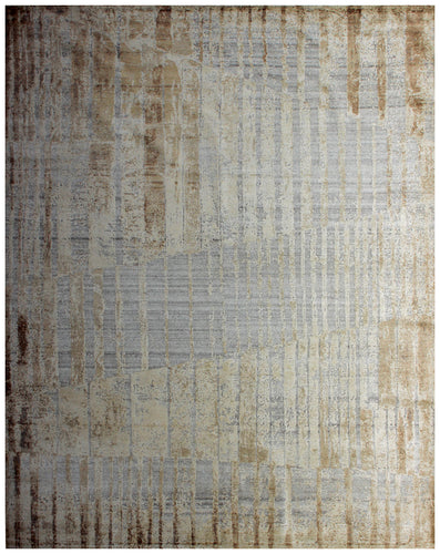 Wool Viscose 8x10 Abstract Distressed Area Rug - Vintage Antique Beige Cream Grey Hand Knotted