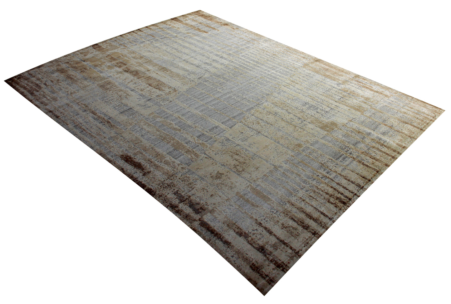 Wool Viscose 8x10 Abstract Distressed Area Rug - Vintage Antique Beige Cream Grey Hand Knotted