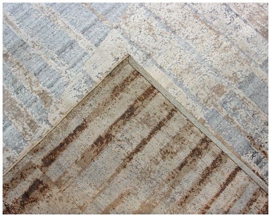 Wool Viscose 8x10 Abstract Distressed Area Rug - Vintage Antique Beige Cream Grey Hand Knotted