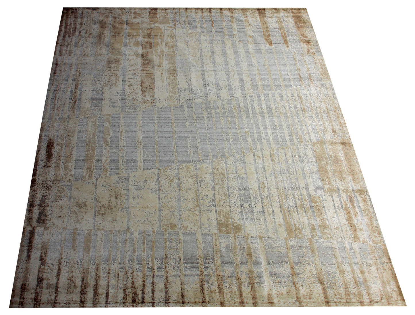 Wool Viscose 8x10 Abstract Distressed Area Rug - Vintage Antique Beige Cream Grey Hand Knotted