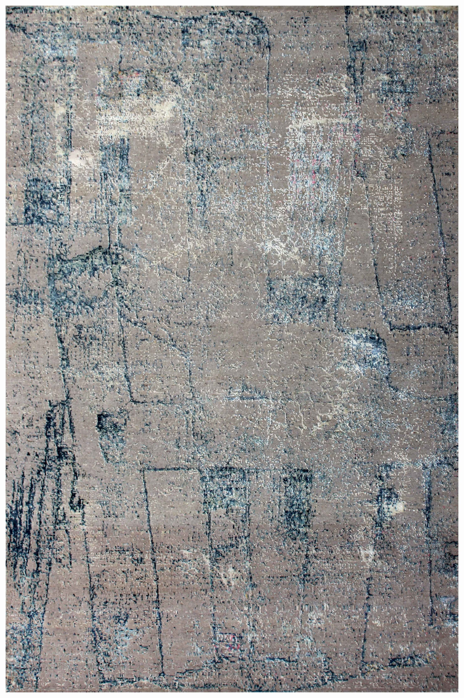 Taupe Beige Teal Steel Blue Silver Crackle Abstract Grid Hand Knotted Wool Viscose 6.6x10 Bhadohi Area Rug