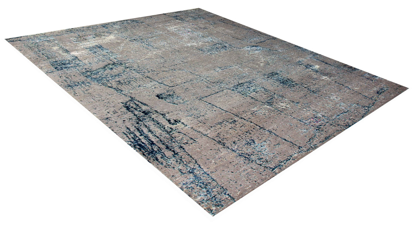 Taupe Beige Teal Steel Blue Silver Crackle Abstract Grid Hand Knotted Wool Viscose 6.6x10 Bhadohi Area Rug