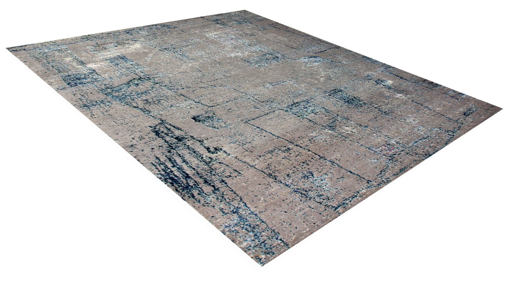 Taupe Beige Teal Steel Blue Silver Crackle Abstract Grid Hand Knotted Wool Viscose 6.6x10 Bhadohi Area Rug