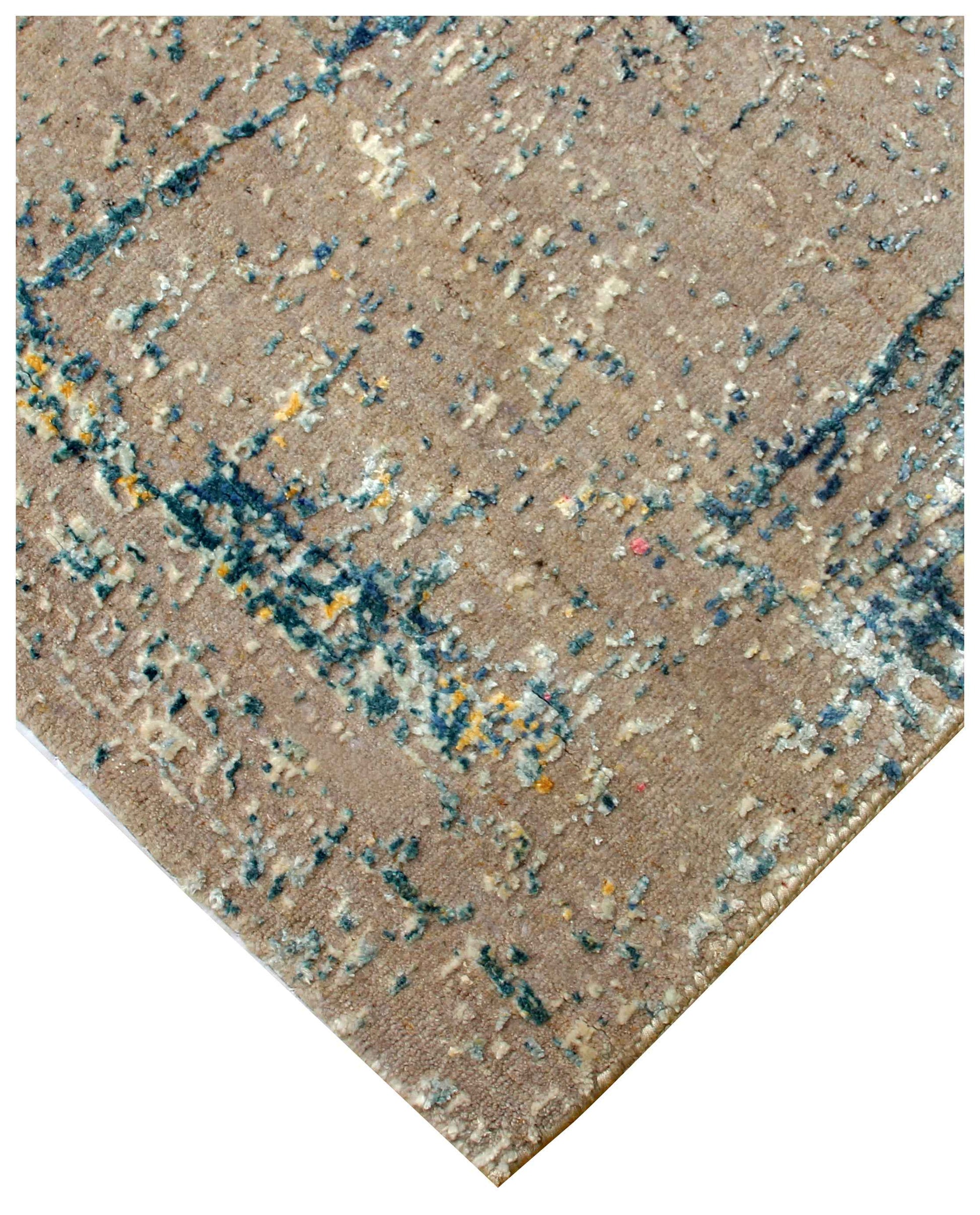 Taupe Beige Teal Steel Blue Silver Crackle Abstract Grid Hand Knotted Wool Viscose 6.6x10 Bhadohi Area Rug
