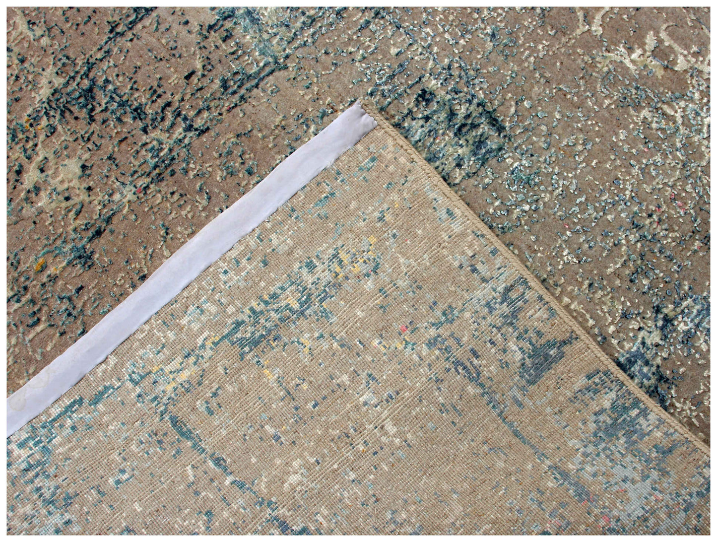 Taupe Beige Teal Steel Blue Silver Crackle Abstract Grid Hand Knotted Wool Viscose 6.6x10 Bhadohi Area Rug