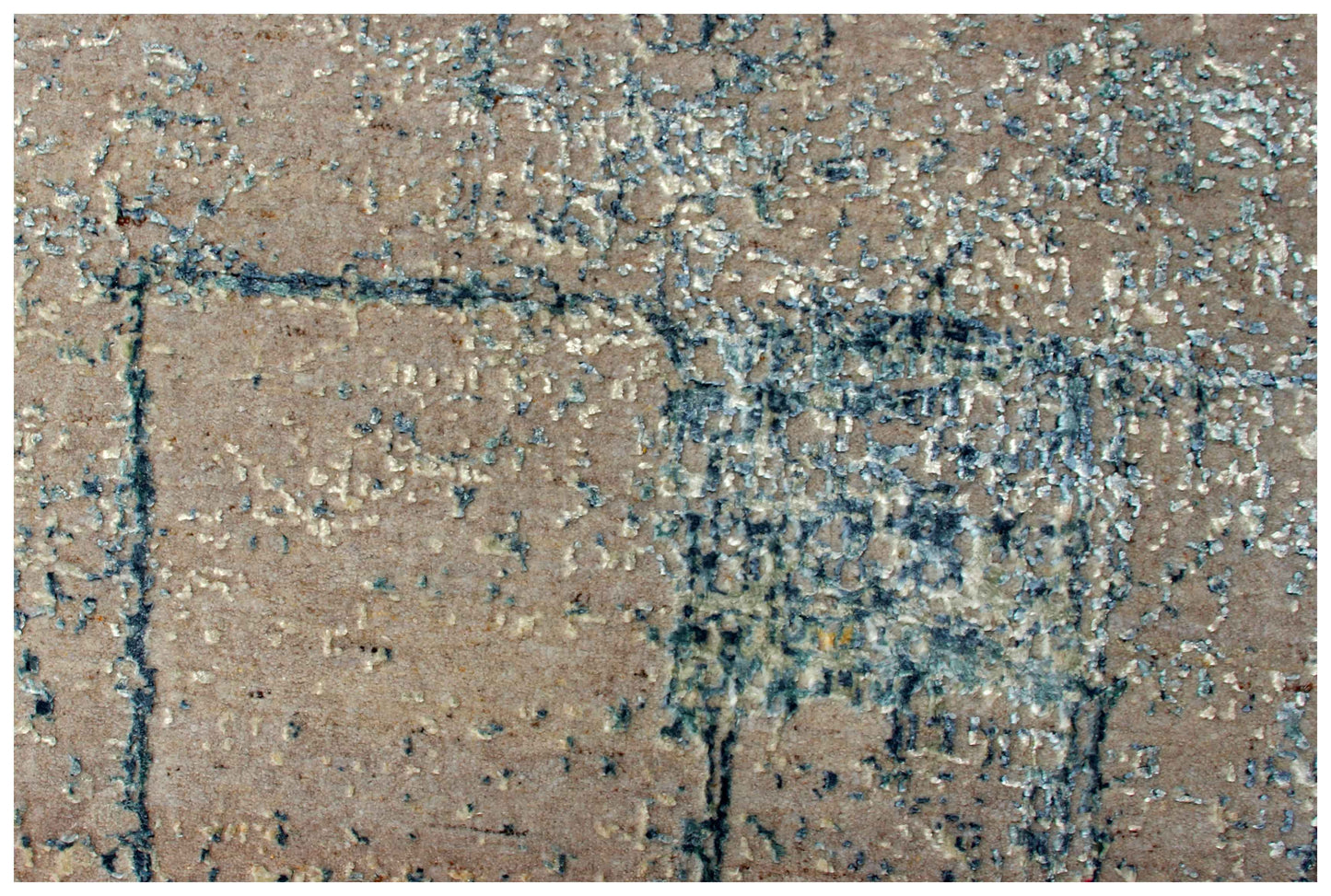 Taupe Beige Teal Steel Blue Silver Crackle Abstract Grid Hand Knotted Wool Viscose 6.6x10 Bhadohi Area Rug