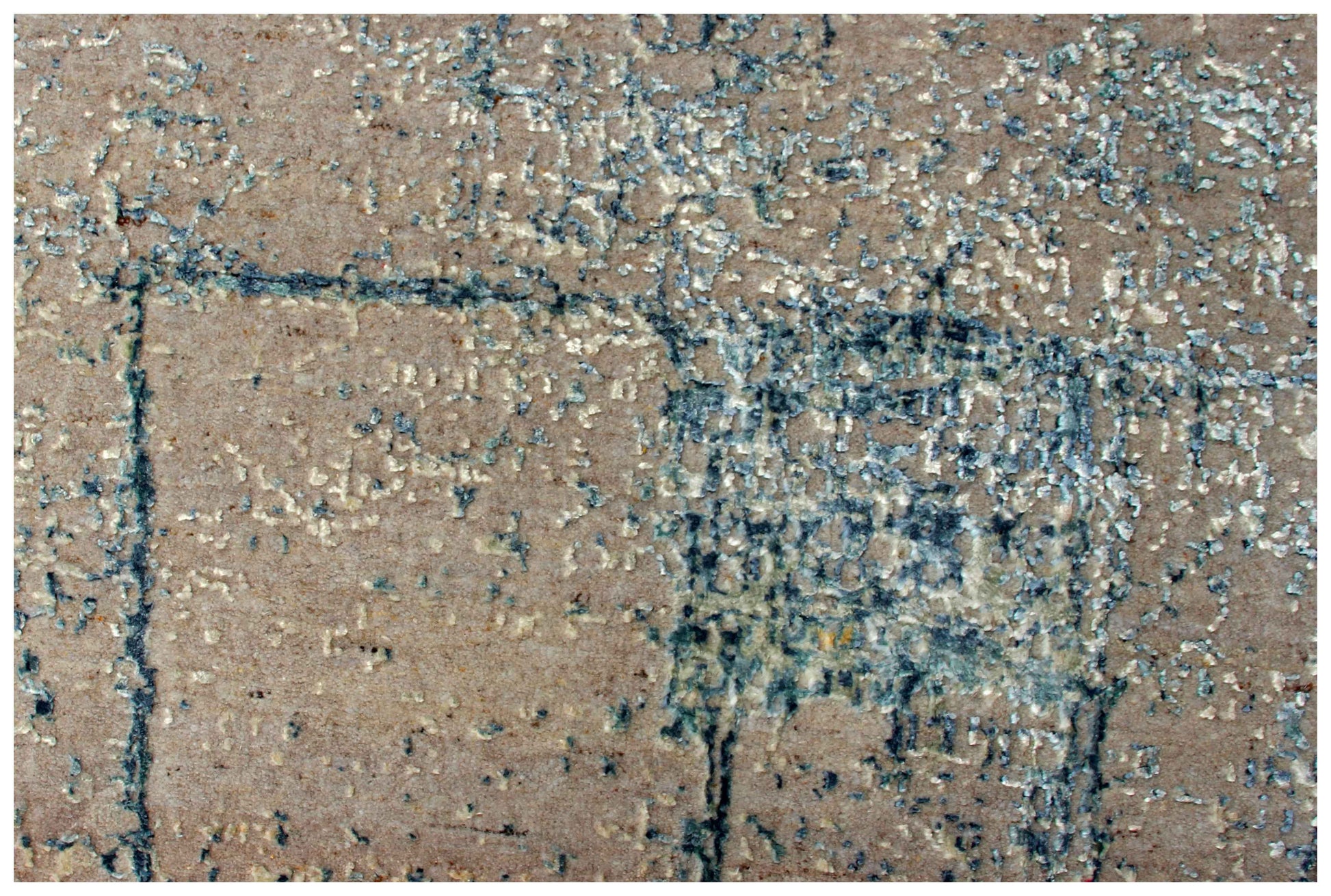 Taupe Beige Teal Steel Blue Silver Crackle Abstract Grid Hand Knotted Wool Viscose 6.6x10 Bhadohi Area Rug