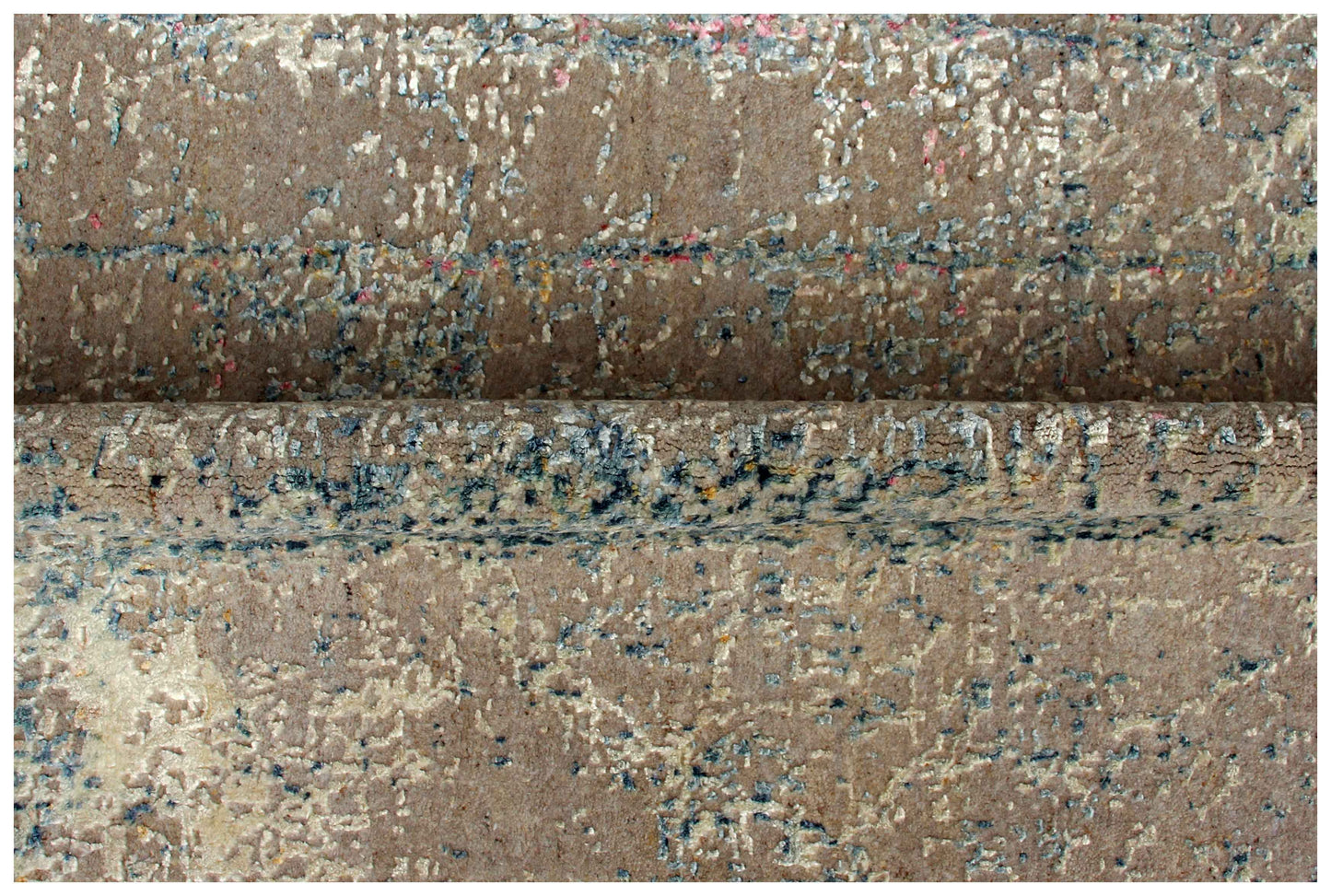 Taupe Beige Teal Steel Blue Silver Crackle Abstract Grid Hand Knotted Wool Viscose 6.6x10 Bhadohi Area Rug