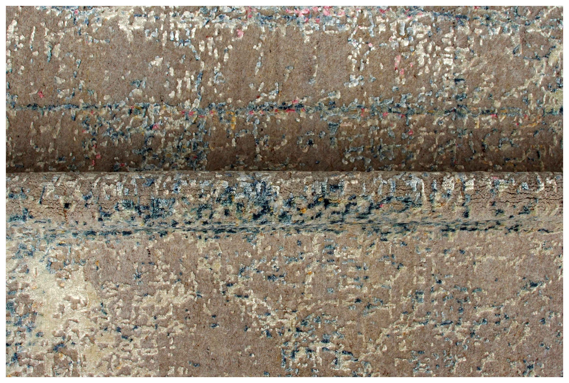 Taupe Beige Teal Steel Blue Silver Crackle Abstract Grid Hand Knotted Wool Viscose 6.6x10 Bhadohi Area Rug