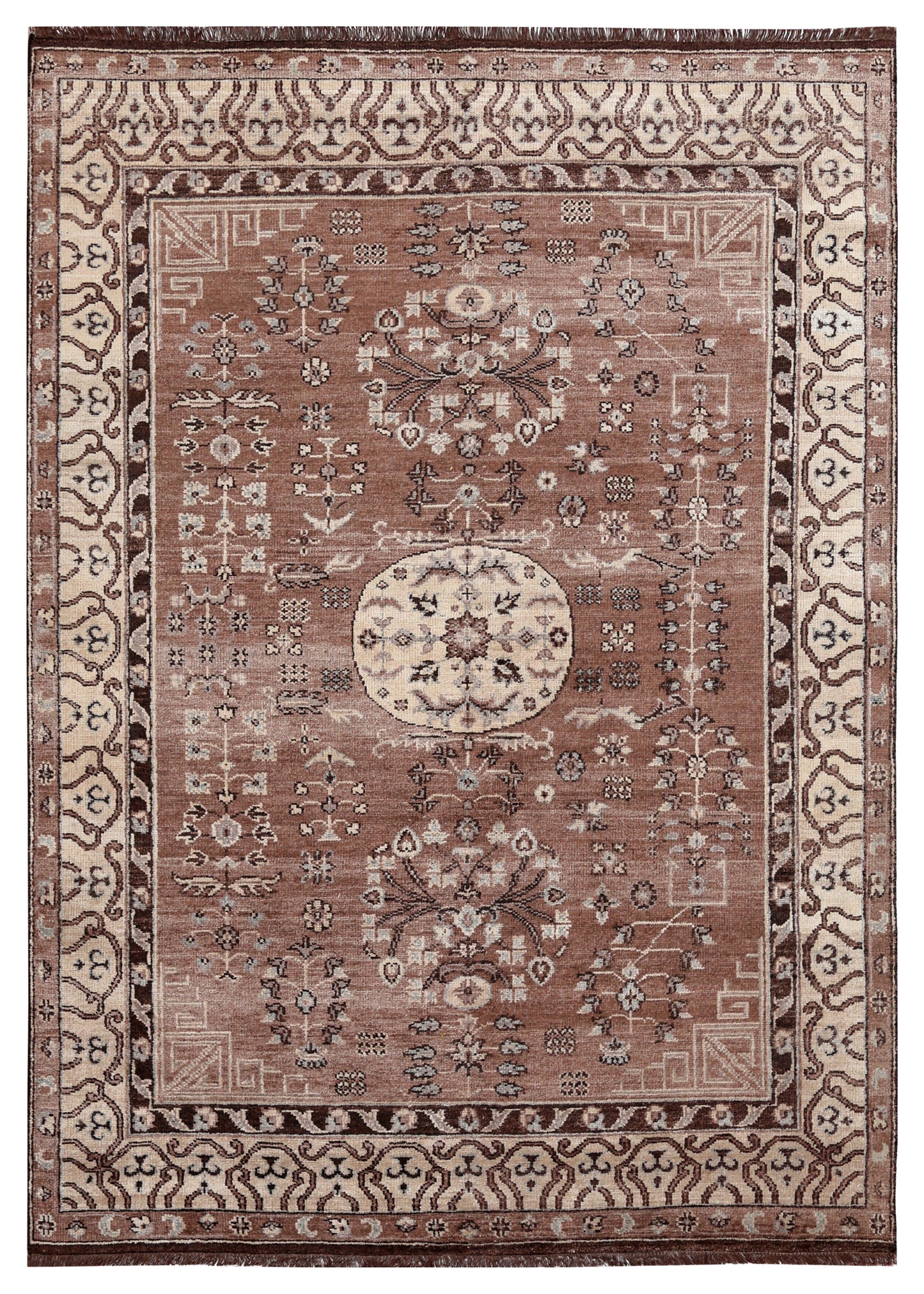 Brown Beige Medallion Oriental Oushak Floral Bamboo Silk Hand Knotted 7.6x10 Area Rug