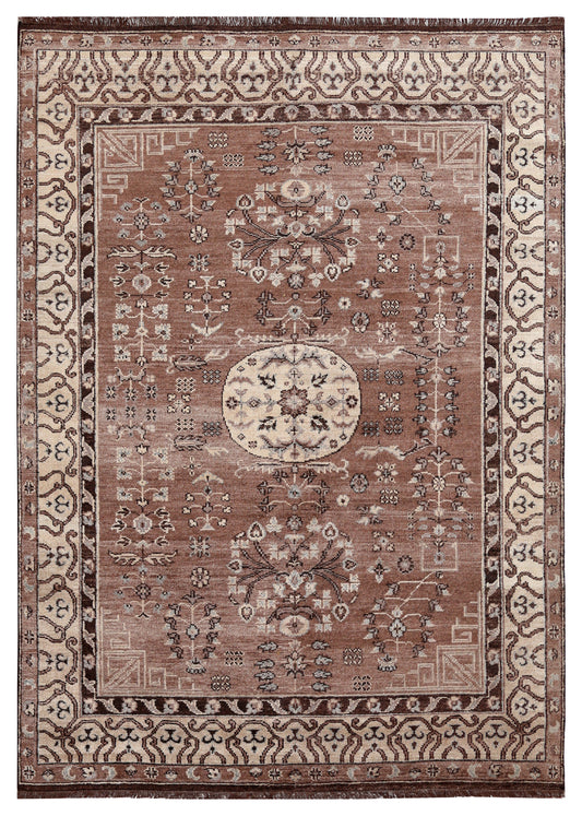 Brown Beige Medallion Oriental Oushak Floral Bamboo Silk Hand Knotted 7.6x10 Area Rug