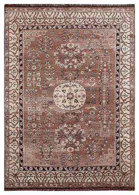 Brown Beige Medallion Oriental Oushak Floral Bamboo Silk Hand Knotted 7.6x10 Area Rug