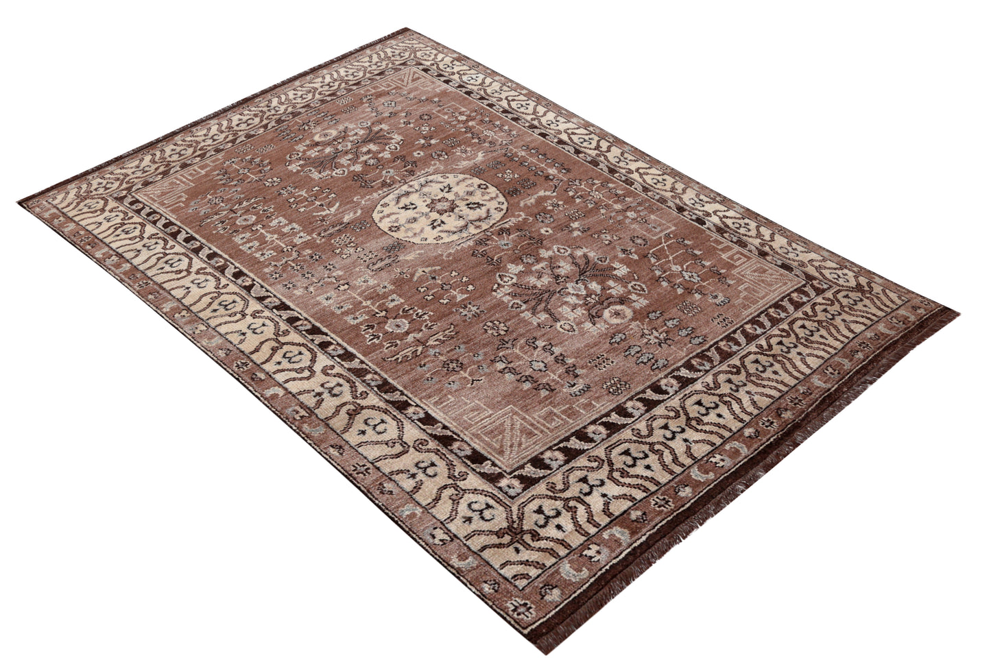 Brown Beige Medallion Oriental Oushak Floral Bamboo Silk Hand Knotted 7.6x10 Area Rug