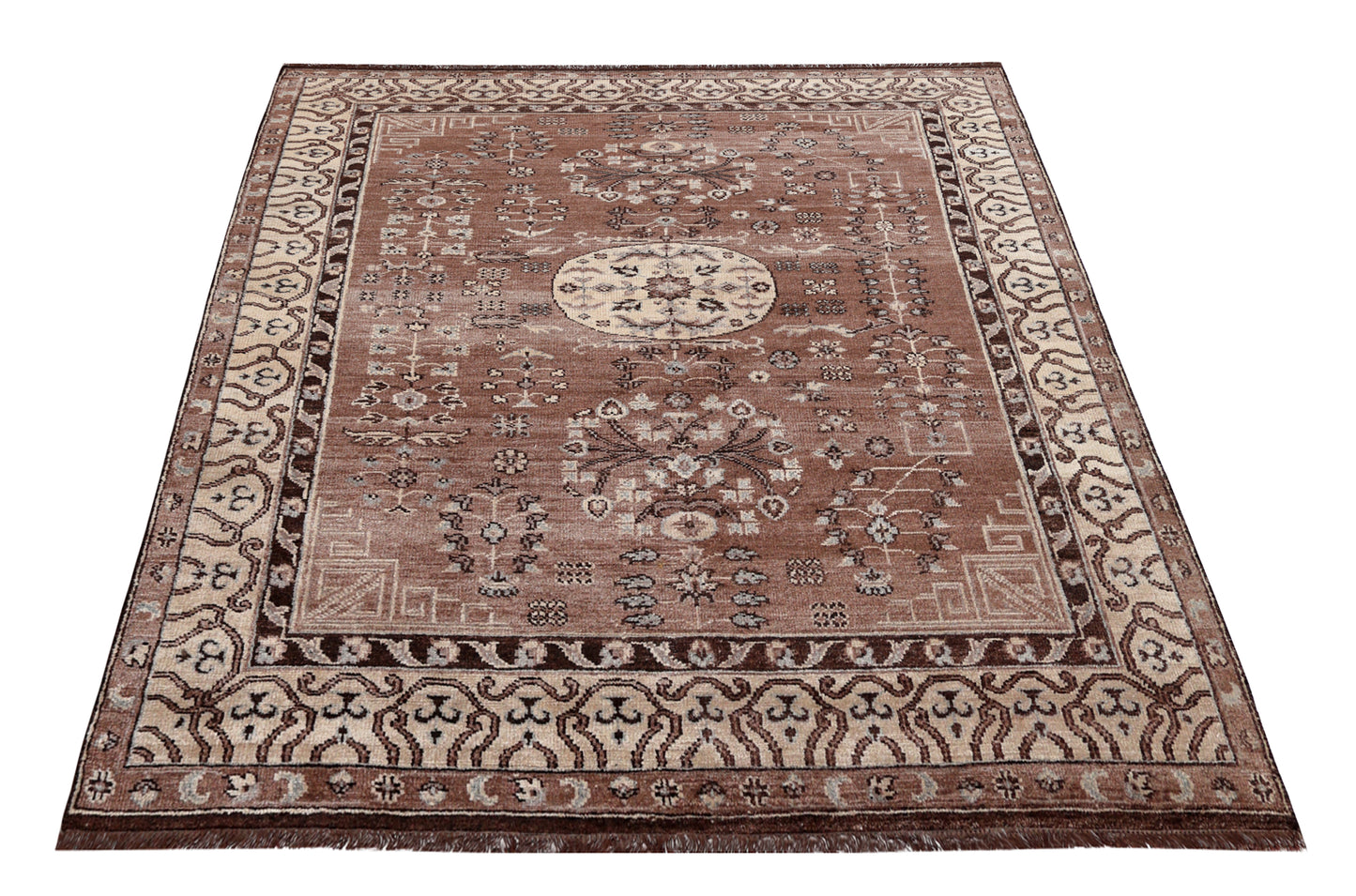 Brown Beige Medallion Oriental Oushak Floral Bamboo Silk Hand Knotted 7.6x10 Area Rug