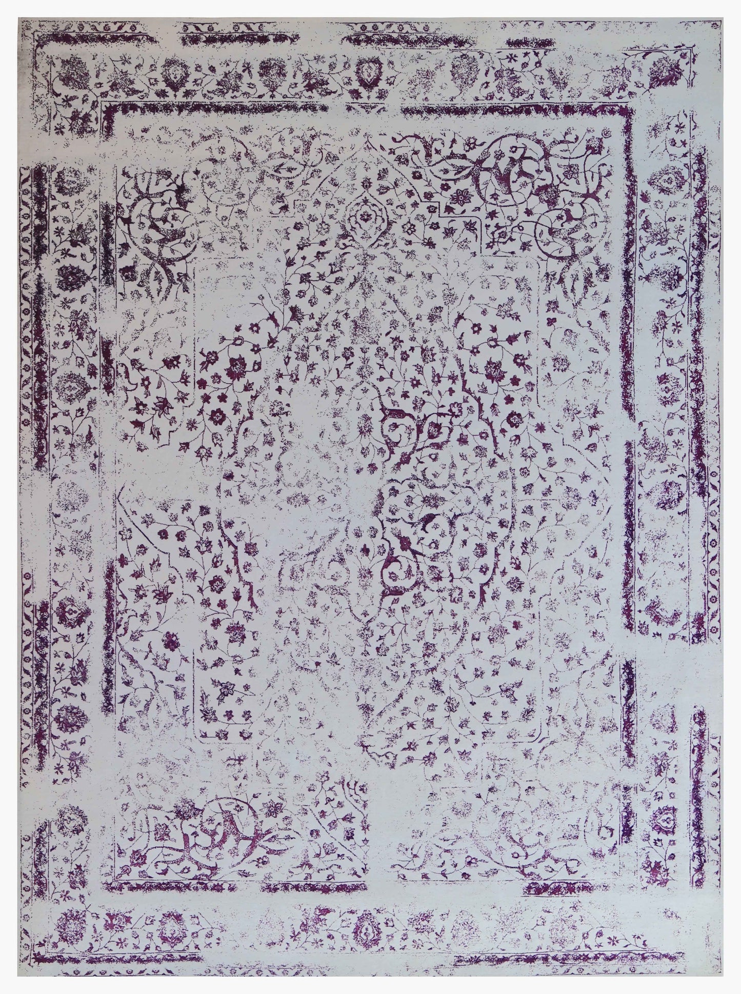 Ivory White Plum Wine Eroded Persian Floral Vine Hand Knotted Wool Bamboo Silk 9x12 Bhadohi Area Rug