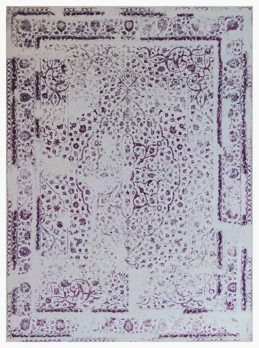 Ivory White Plum Wine Eroded Persian Floral Vine Hand Knotted Wool Bamboo Silk 9x12 Bhadohi Area Rug