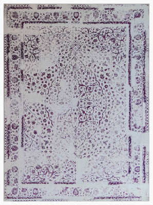 Ivory White Plum Wine Eroded Persian Floral Vine Hand Knotted Wool Bamboo Silk 9x12 Bhadohi Area Rug