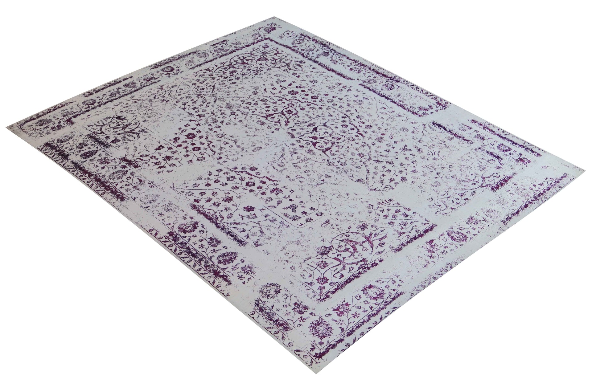 Ivory White Plum Wine Eroded Persian Floral Vine Hand Knotted Wool Bamboo Silk 9x12 Bhadohi Area Rug