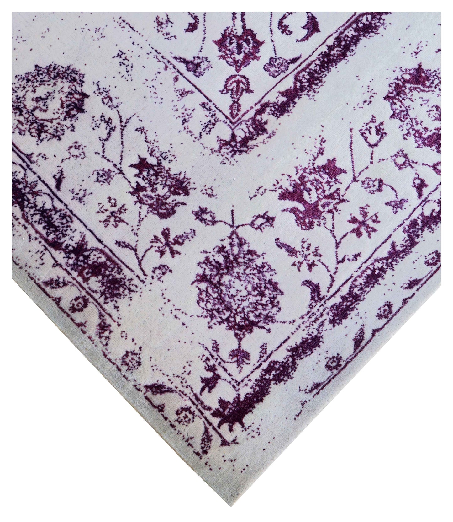 Ivory White Plum Wine Eroded Persian Floral Vine Hand Knotted Wool Bamboo Silk 9x12 Bhadohi Area Rug