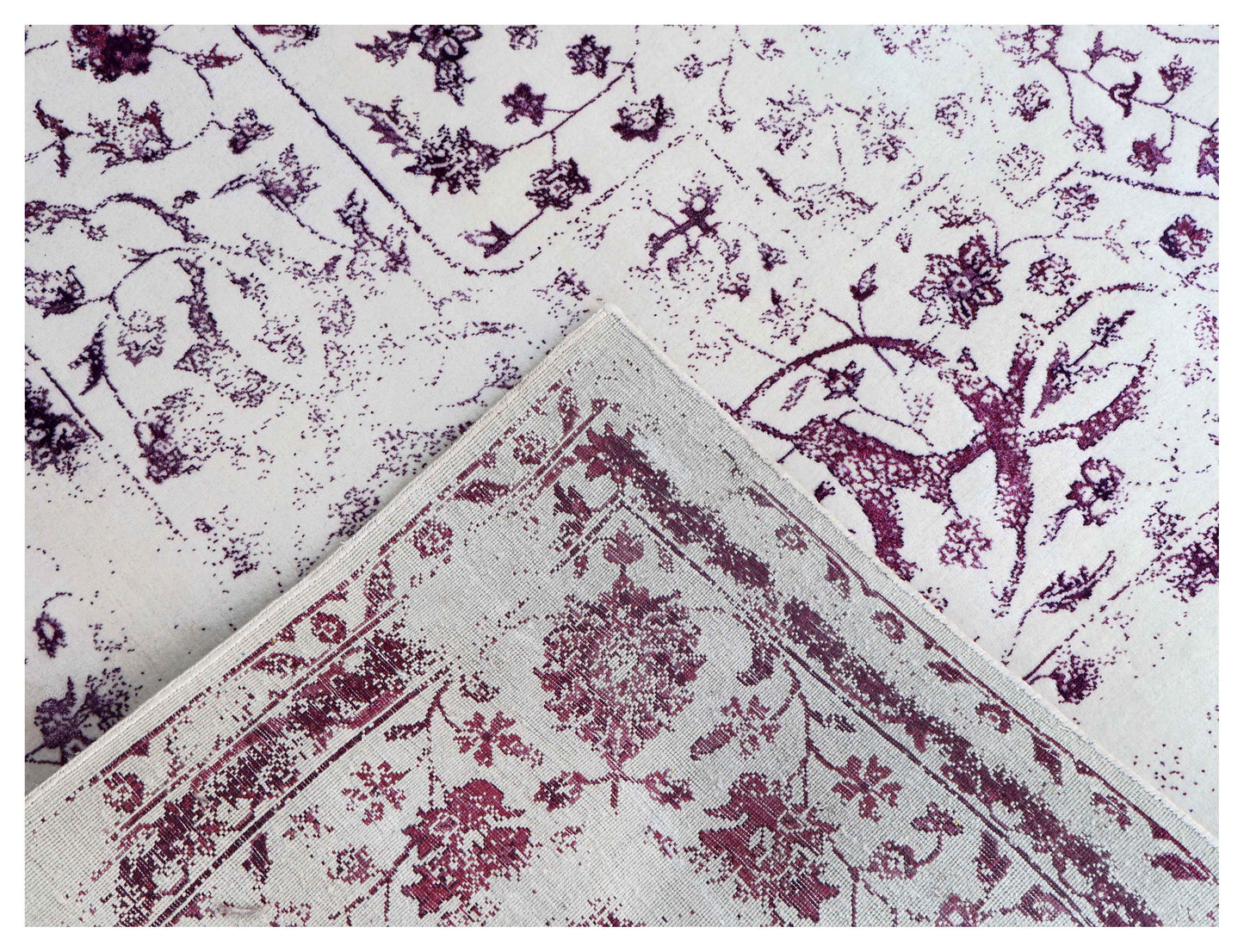 Ivory White Plum Wine Eroded Persian Floral Vine Hand Knotted Wool Bamboo Silk 9x12 Bhadohi Area Rug