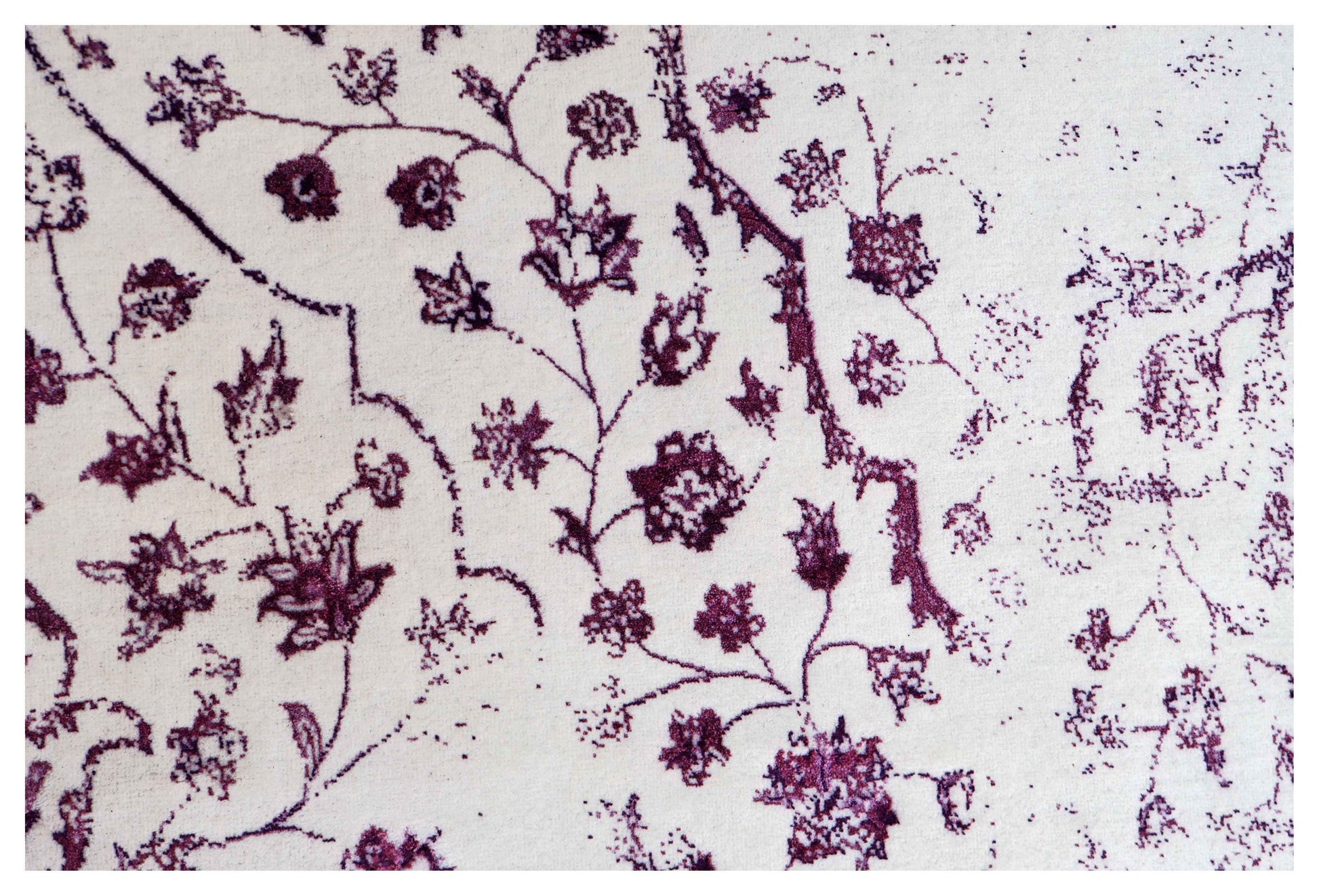 Ivory White Plum Wine Eroded Persian Floral Vine Hand Knotted Wool Bamboo Silk 9x12 Bhadohi Area Rug