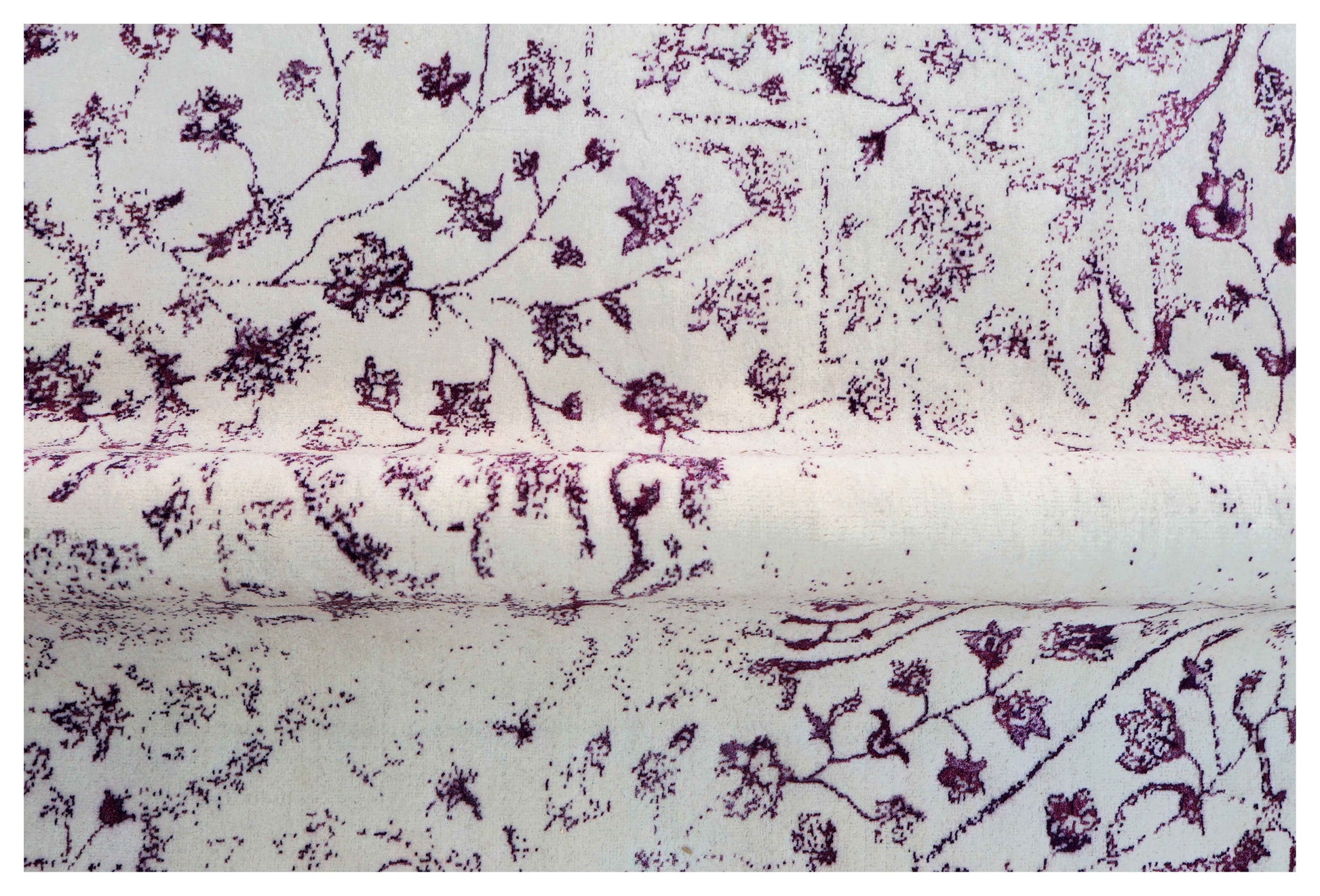 Ivory White Plum Wine Eroded Persian Floral Vine Hand Knotted Wool Bamboo Silk 9x12 Bhadohi Area Rug