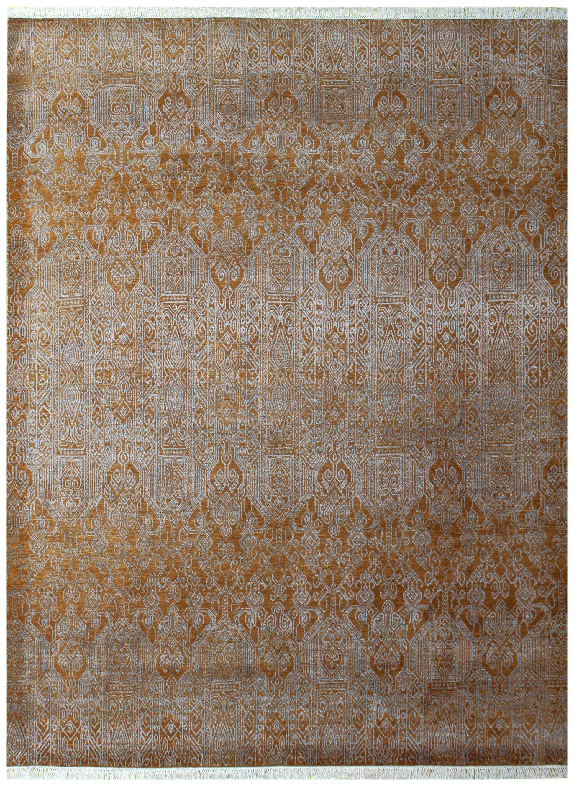 Gold Amber Camel Ivory Silver Moroccan Geometric Lattice Hand Knotted Wool Viscose 8x10 Bhadohi Area Rug