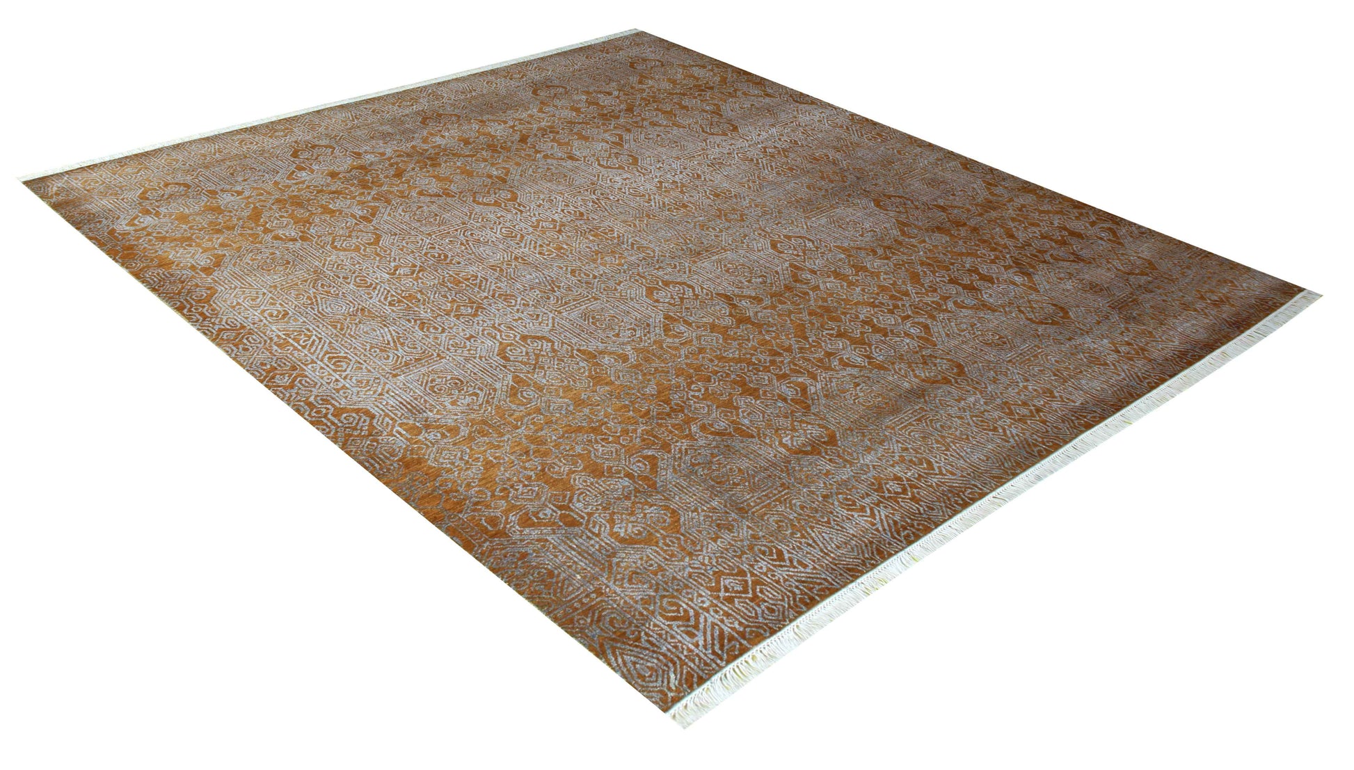Gold Amber Camel Ivory Silver Moroccan Geometric Lattice Hand Knotted Wool Viscose 8x10 Bhadohi Area Rug