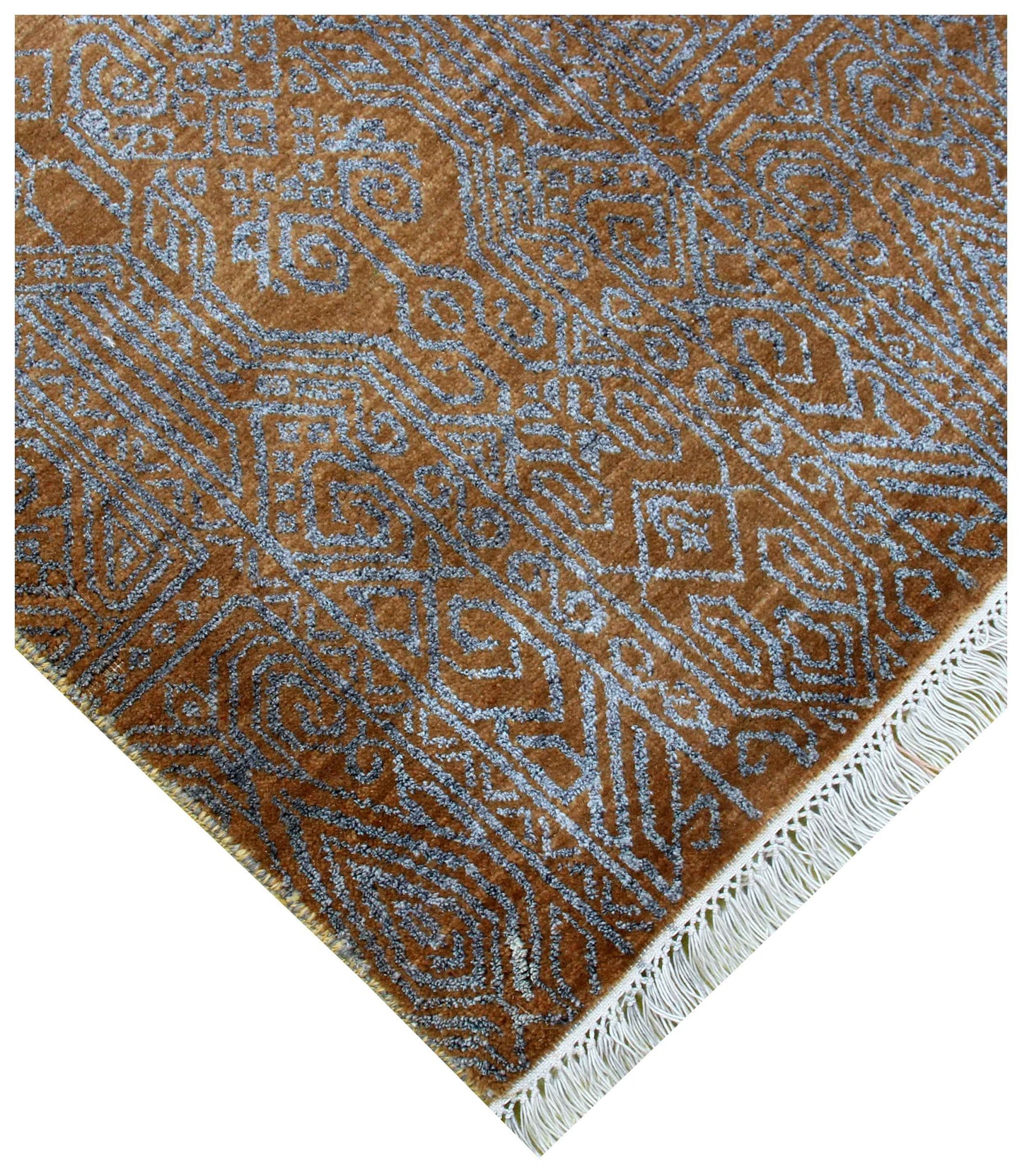 Gold Amber Camel Ivory Silver Moroccan Geometric Lattice Hand Knotted Wool Viscose 8x10 Bhadohi Area Rug