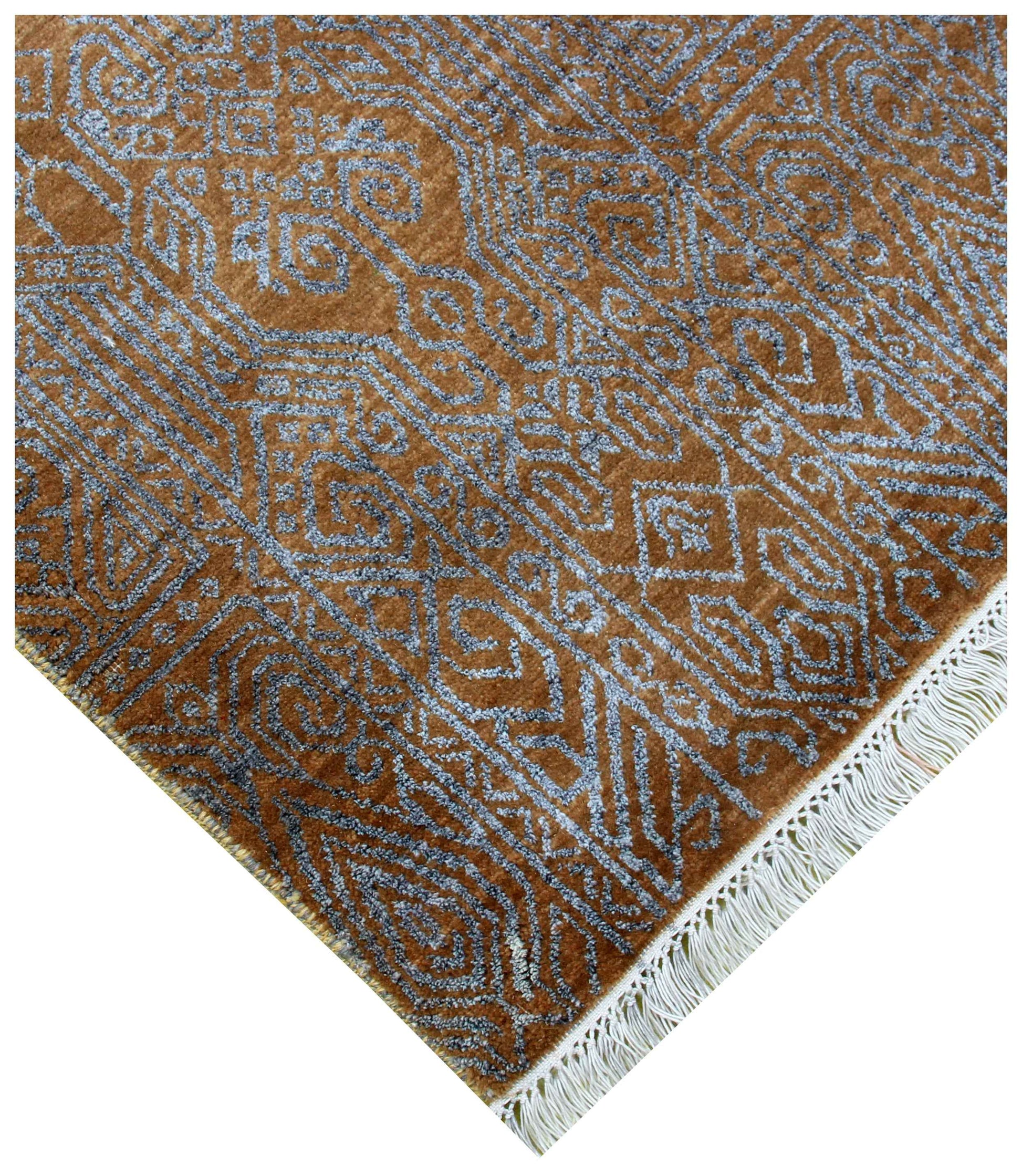 Gold Amber Camel Ivory Silver Moroccan Geometric Lattice Hand Knotted Wool Viscose 8x10 Bhadohi Area Rug