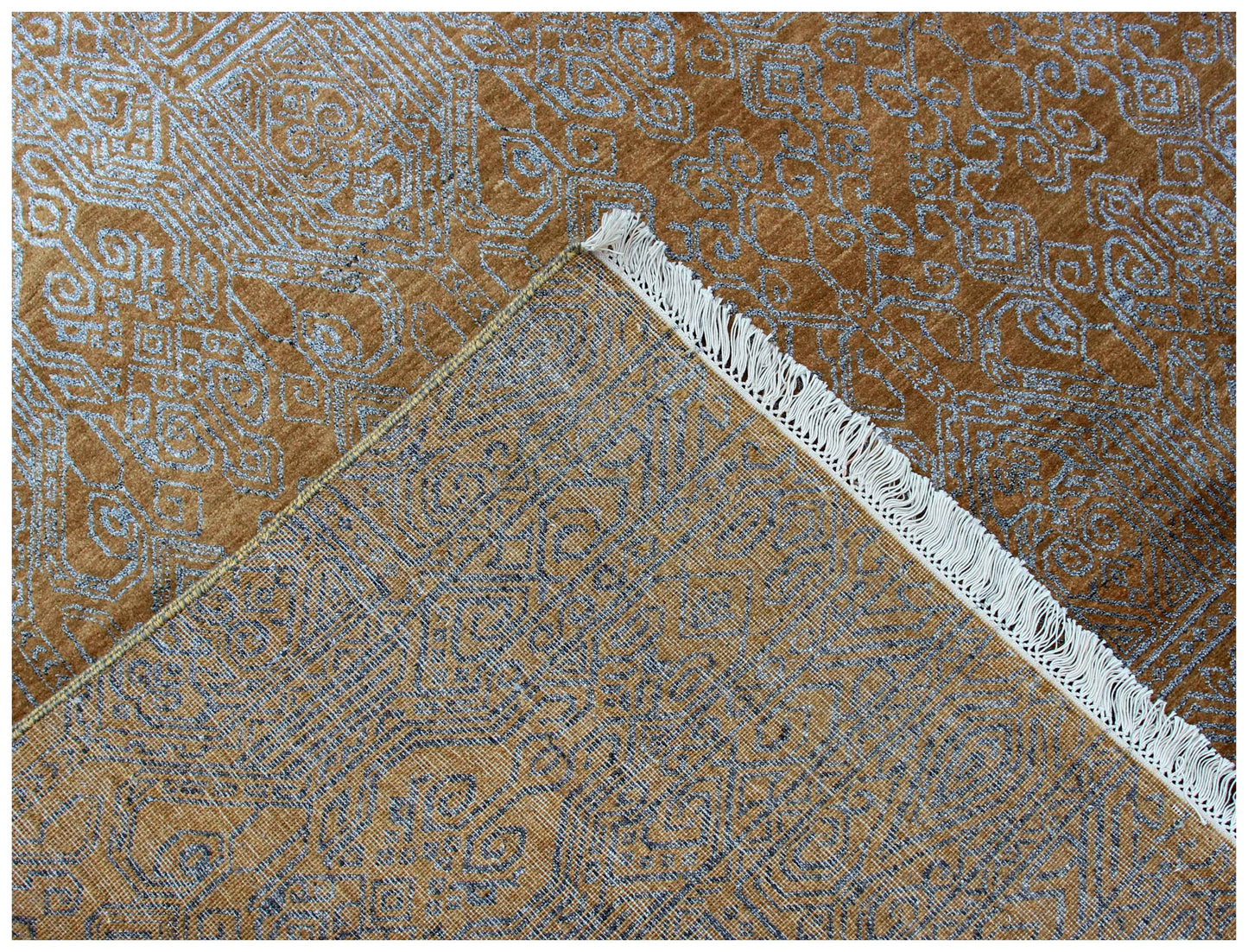 Gold Amber Camel Ivory Silver Moroccan Geometric Lattice Hand Knotted Wool Viscose 8x10 Bhadohi Area Rug