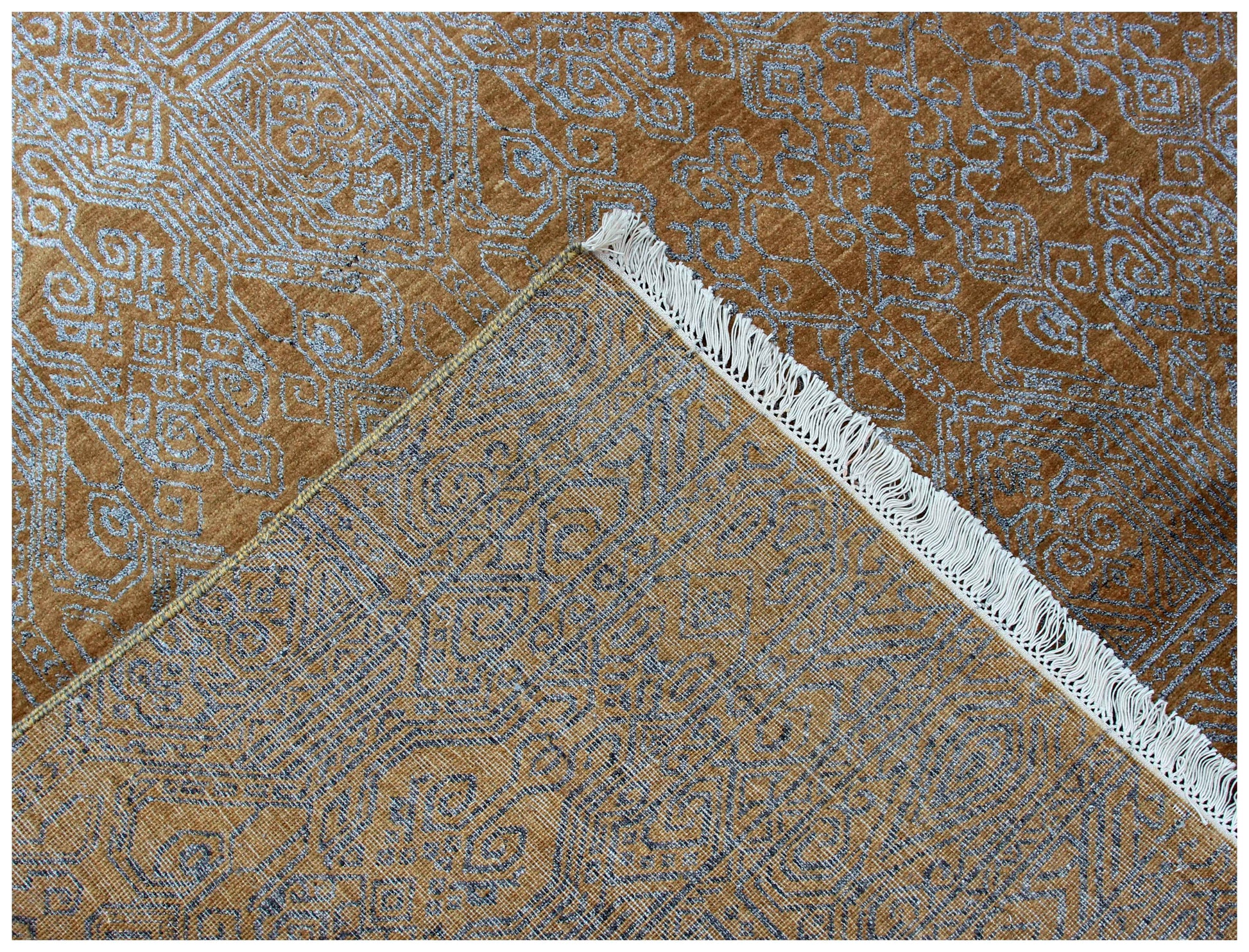 Gold Amber Camel Ivory Silver Moroccan Geometric Lattice Hand Knotted Wool Viscose 8x10 Bhadohi Area Rug