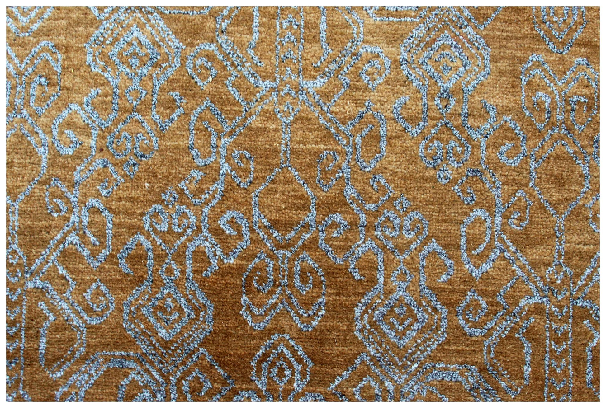 Gold Amber Camel Ivory Silver Moroccan Geometric Lattice Hand Knotted Wool Viscose 8x10 Bhadohi Area Rug