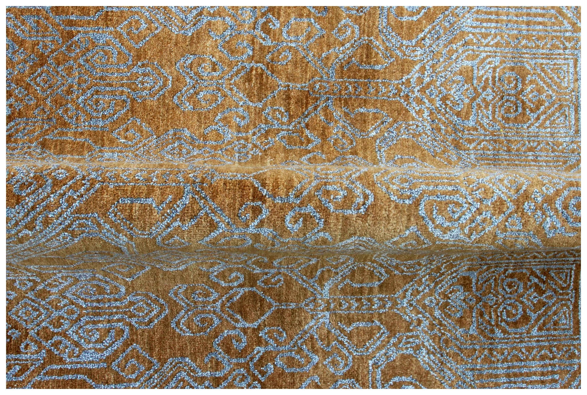 Gold Amber Camel Ivory Silver Moroccan Geometric Lattice Hand Knotted Wool Viscose 8x10 Bhadohi Area Rug