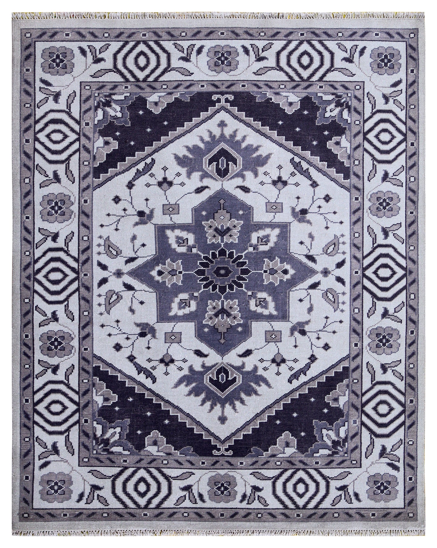Ivory Charcoal Grey Heriz Medallion Geometric Wool Hand Knotted Traditional 8x10 Area Rug