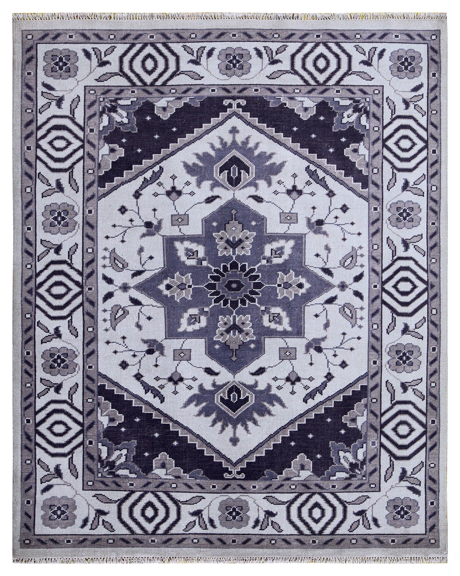 Ivory Charcoal Grey Heriz Medallion Geometric Wool Hand Knotted Traditional 8x10 Area Rug