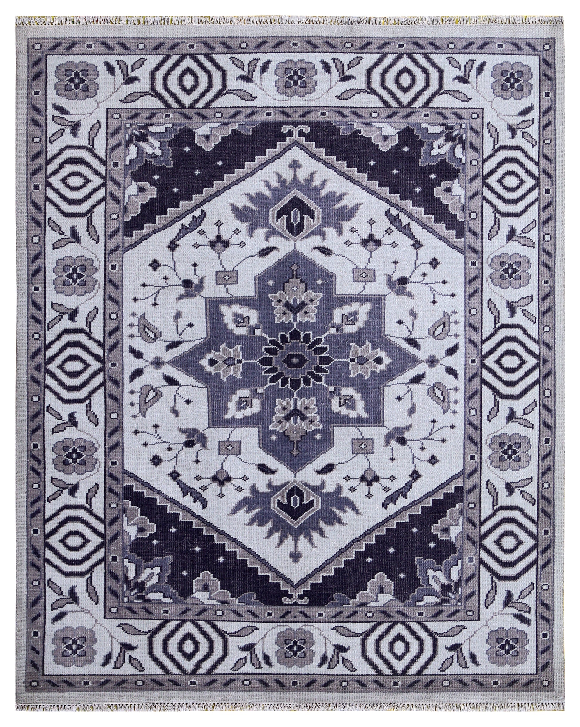 Ivory Charcoal Grey Heriz Medallion Geometric Wool Hand Knotted Traditional 8x10 Area Rug