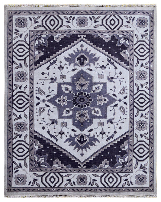 Ivory Charcoal Grey Heriz Medallion Geometric Wool Hand Knotted Traditional 8x10 Area Rug