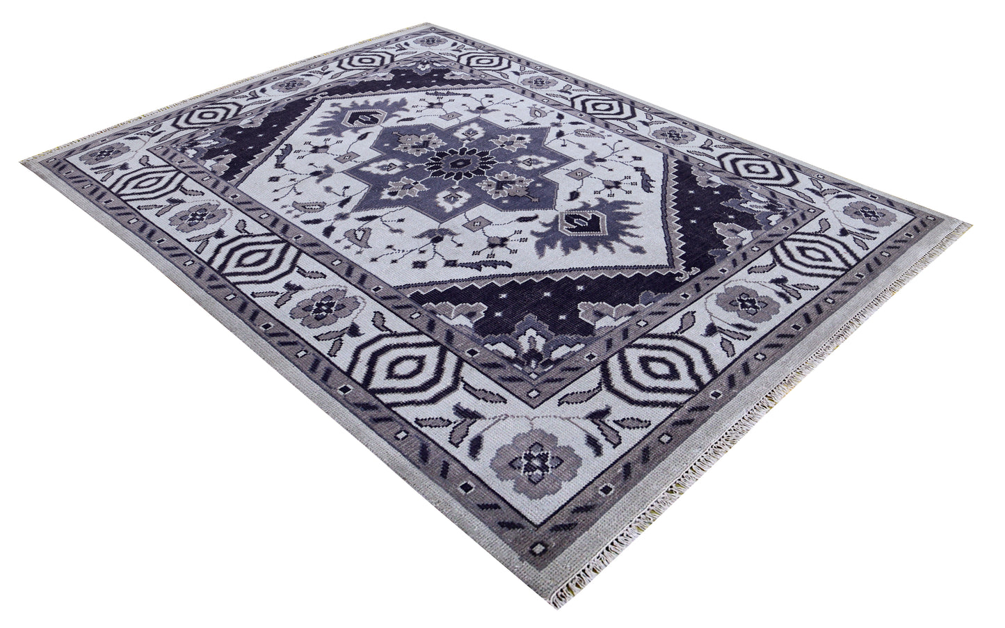 Ivory Charcoal Grey Heriz Medallion Geometric Wool Hand Knotted Traditional 8x10 Area Rug