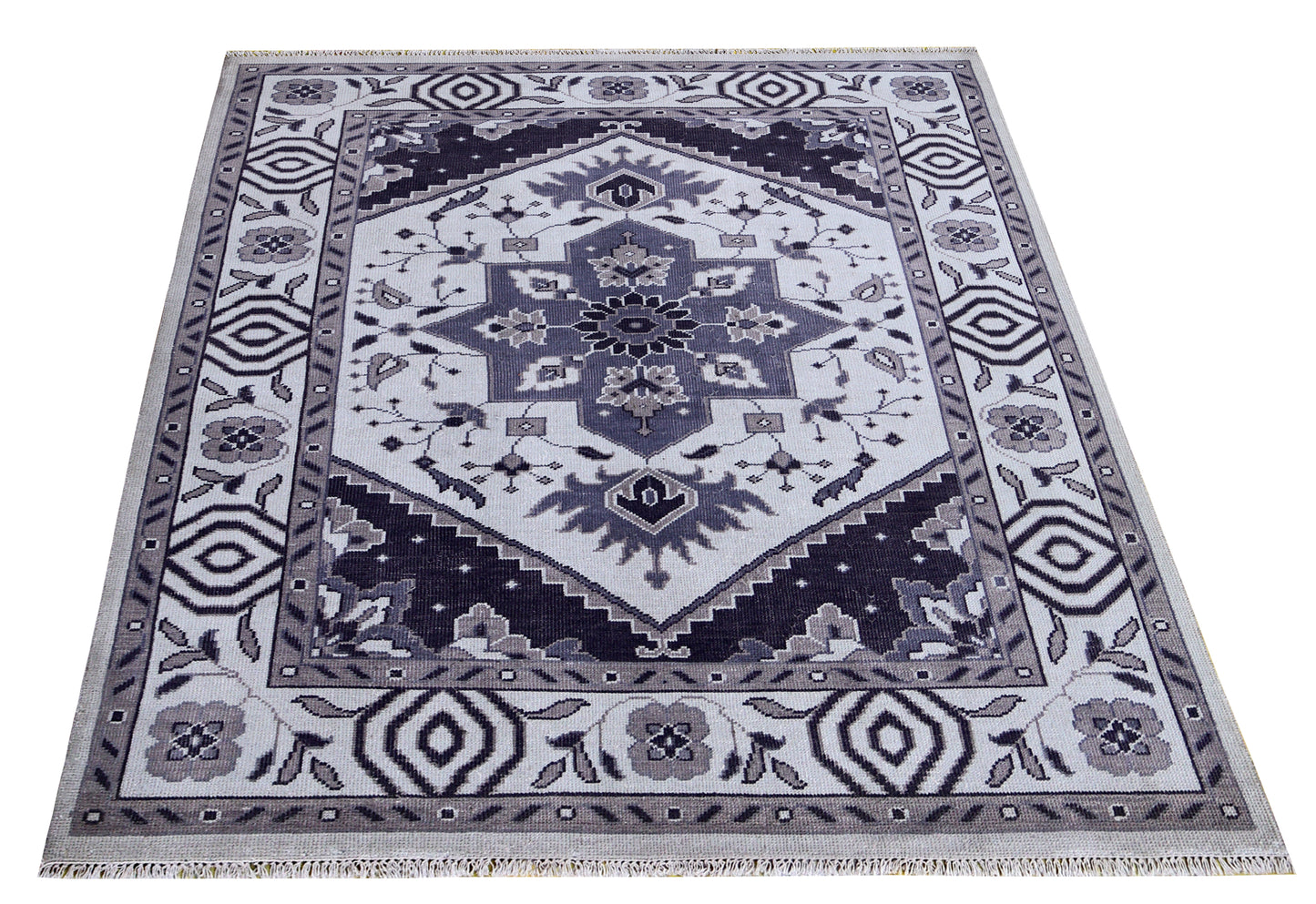 Ivory Charcoal Grey Heriz Medallion Geometric Wool Hand Knotted Traditional 8x10 Area Rug