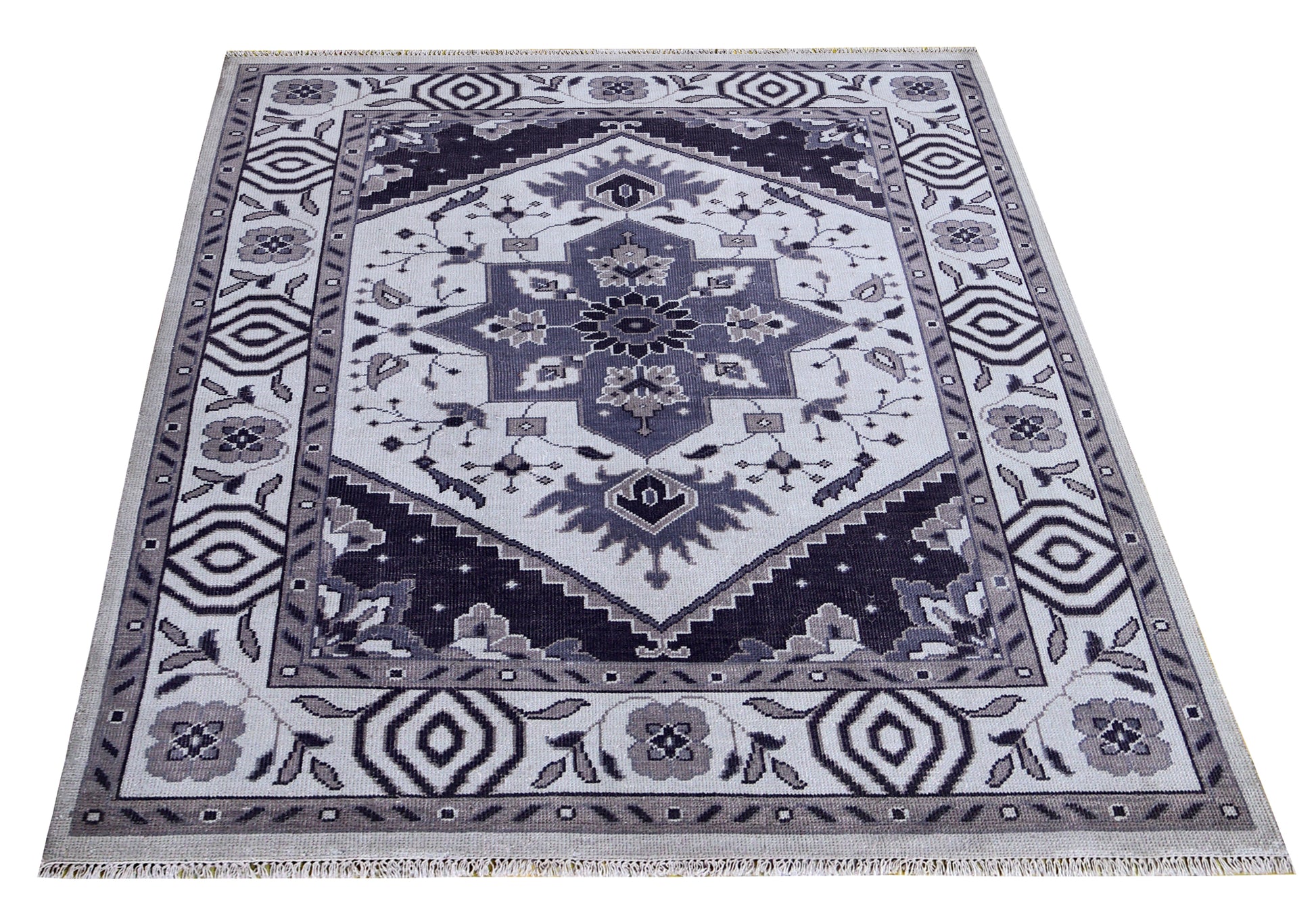Ivory Charcoal Grey Heriz Medallion Geometric Wool Hand Knotted Traditional 8x10 Area Rug