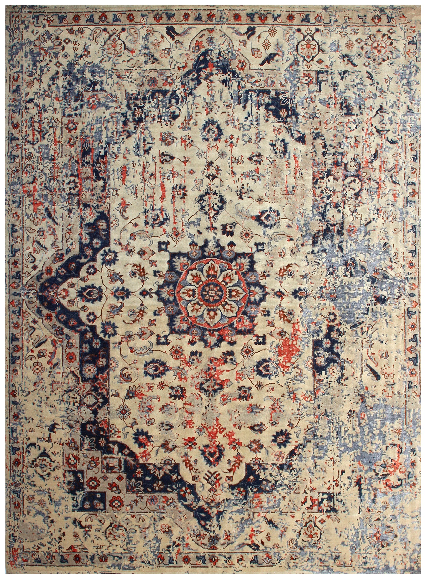 Beige Navy Red 7.6x10 Vintage Antique Persian Area Rug - Hand Knotted Wool Viscose Floral Medallion