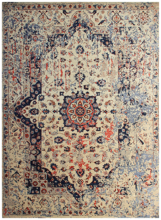 Beige Navy Red 7.6x10 Vintage Antique Persian Area Rug - Hand Knotted Wool Viscose Floral Medallion