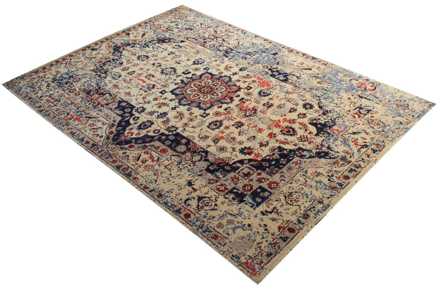 Beige Navy Red 7.6x10 Vintage Antique Persian Area Rug - Hand Knotted Wool Viscose Floral Medallion